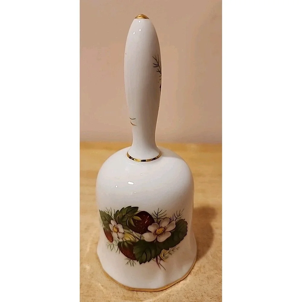 Vintage Porcelain Hand Bell Strawberries Floral Gold Accent‎ Decorative